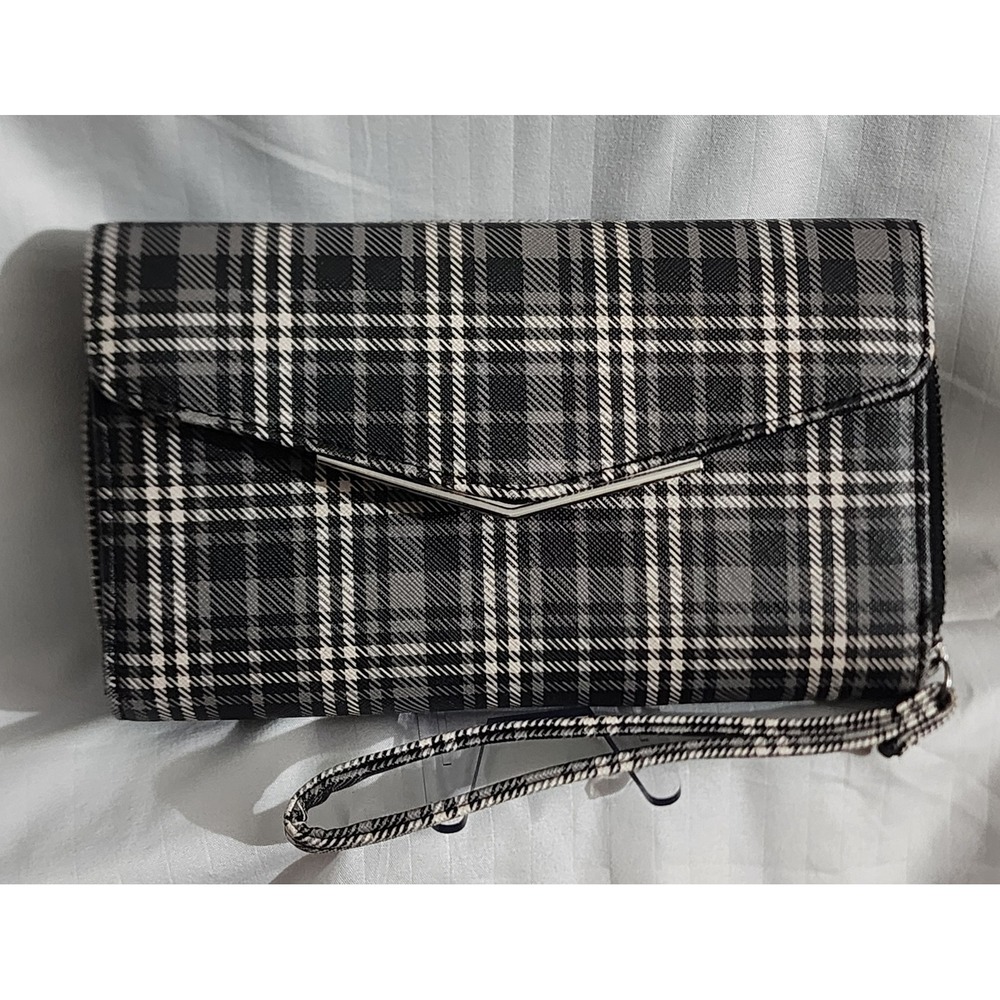 Black White Plaid Multi Compartment Wristlet Wallet with ID Windows